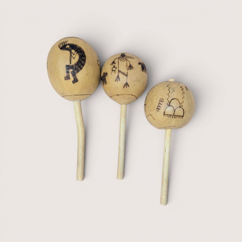Vintage Trio Of Hand-Painted Gourd Maracas